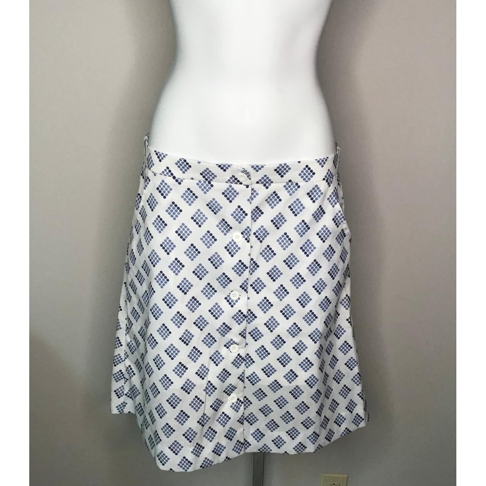 Vintage Jantzen Sz 14 White Blue Geometric Dot Button Front A-Line Skirt Pockets